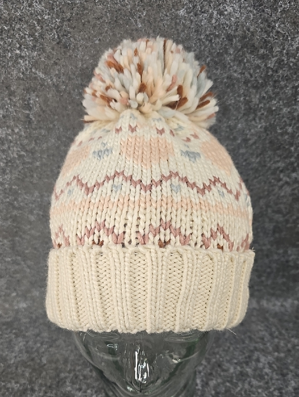 Altar'd State Cottagecore Heart Knit Pompom Beanie, Cream Pink, One Size